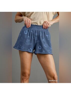 Umgee Denim Blue Printed Athletic Shorts
